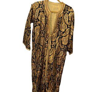 Vintage navy blue gold copper metallic paisley broacde opera coat jacket M